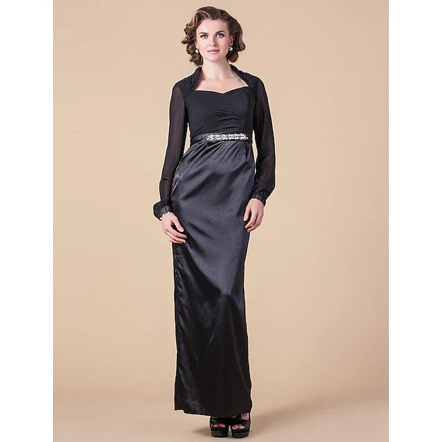 Wholesale Sheath / Column Mother of the Bride Dress Queen Anne Floor Length Chiffon Stretch Satin Long Sleeve with Sash / Ribbon Beading Side Draping